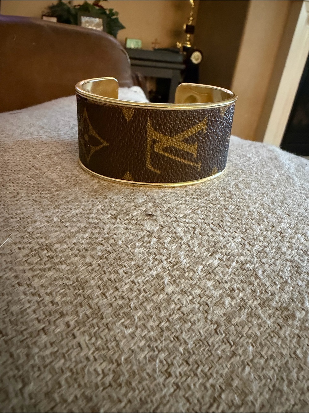 Upcycled Louis Vuitton Monogram Brown and Gold Cuff Bracelet